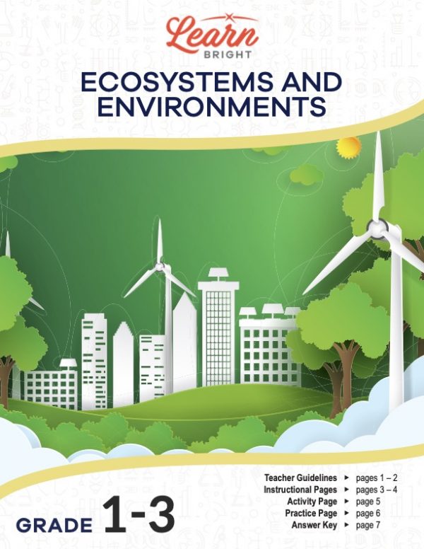 This is the title page for the Ecosystems and Environments lesson plan. The main image shows an illustration of a city scape with trees in the foreground. The orange Learn Bright logo is at the top of the page.
