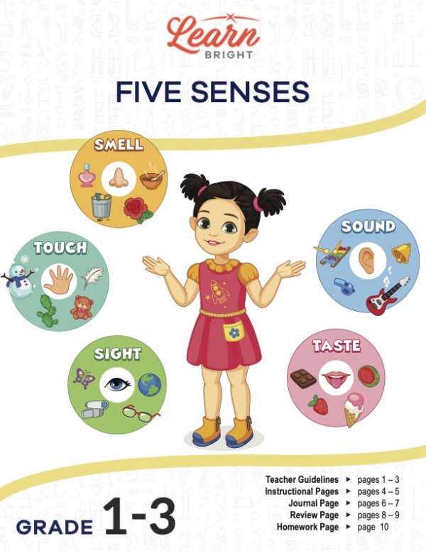 This is the title page for the Five Senses lesson plan. The main image is a picture of a girl with five graphics representing the five senses floating around her. The orange Learn Bright logo is at the top of the page.