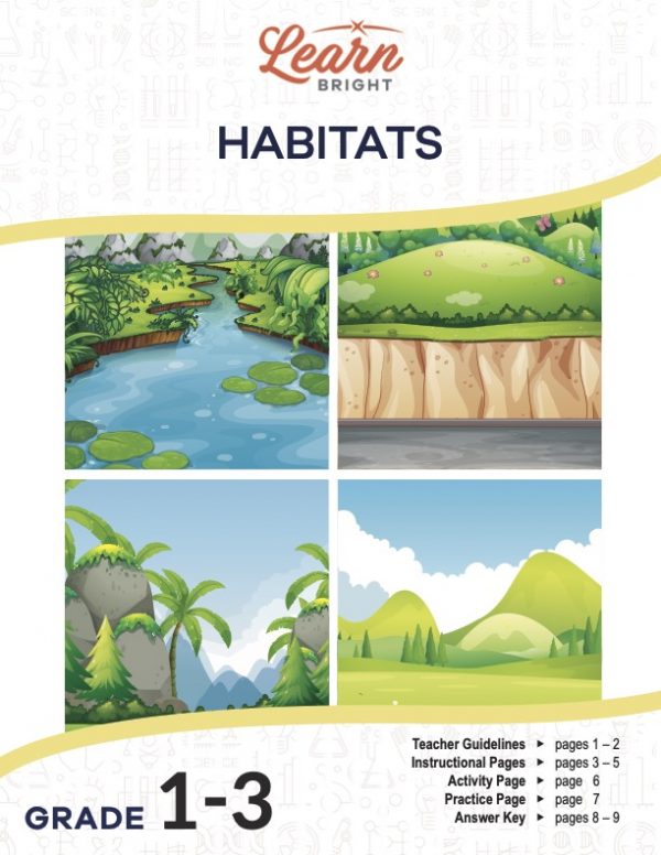 This is the title page for the Habitats lesson plan. The main image shows an illustration for four different habitats—grasslands, mountains, rainforest, and coastline. The orange Learn Bright logo is at the top of the page.