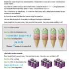 This is a content page for the Multiplication – Grade 3 lesson plan. There are pictures of ice cream cones and six-pack sodas. The orange Learn Bright logo is at the bottom of the page.