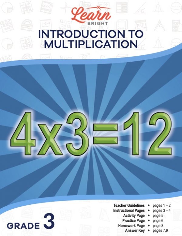 This is the title page for the Multiplication – Grade 3 lesson plan. The main image shows an equation of 4 x 3 = 12 in green lettering on a blue and lighter blue background. The orange Learn Bright logo is at the top of the page.