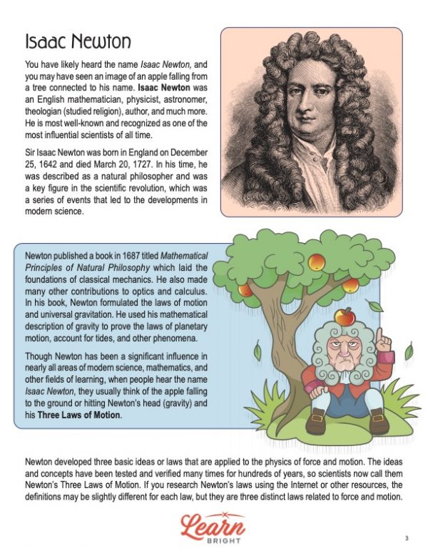 This is a content page for the Newtons Law's of Motion lesson plan. There is a picture of Sir Isaac Newton and an illustration of Newton under an apple tree, with an apple falling on his head. The orange Learn Bright logo is at the bottom of the page.