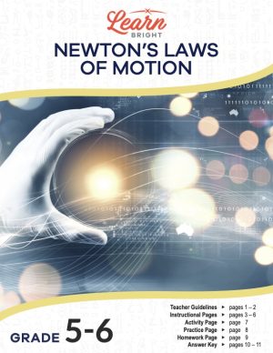 This is the title page for the Newtons Law's of Motion lesson plan. The main image shows a gloved hand holding an orb-like structure. The orange Learn Bright logo is at the top of the page.