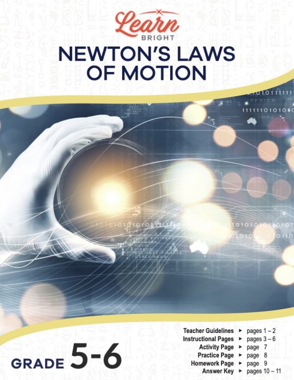 This is the title page for the Newtons Law's of Motion lesson plan. The main image shows a gloved hand holding an orb-like structure. The orange Learn Bright logo is at the top of the page.