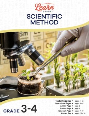 This is the title page for the Scientific Method lesson plan. The main image is of someone using tweezers to adjust a small potted plant under a microscope. The orange Learn Bright logo is at the top of the page.