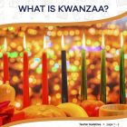 This is the title page for the What Is Kwanzaa? lesson plan. The main image is of three red candles, a black candle, and three green candles all lit. There are various foods in front of it and blurred twinkle lights in the background. The orange Learn Bright logo is at the top of the page.