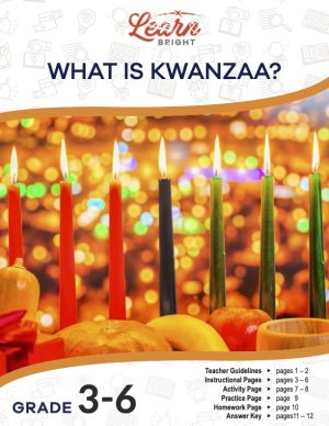 This is the title page for the What Is Kwanzaa? lesson plan. The main image is of three red candles, a black candle, and three green candles all lit. There are various foods in front of it and blurred twinkle lights in the background. The orange Learn Bright logo is at the top of the page.