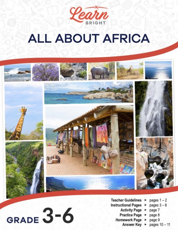 This is the title page for the All about Africa lesson plan. The main image is a collage of pictures from different places in Africa. The orange Learn Bright logo is at the top of the page.