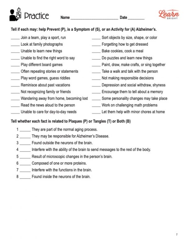 This is the practice worksheet for the Alzheimer's Disease lesson plan. The orange Learn Bright logo is in the top-right corner of the page.