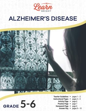 This is the title page for the Alzheimer's Disease lesson plan. The main image shows a doctor reviewing brain scans. The orange Learn Bright logo is at the top of the page.
