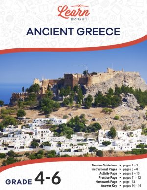 This is the title page for the Ancient Greece lesson plan. The main image is a picture of a city in Greece. The orange Learn Bright logo is at the top of the page.