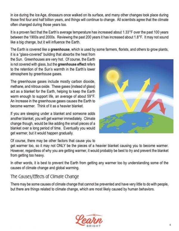 This is a content page for the Climate Change lesson plan. There is a graphic showing how the greenhouse affect works to warm the earth. The orange Learn Bright logo is at the bottom of the page.