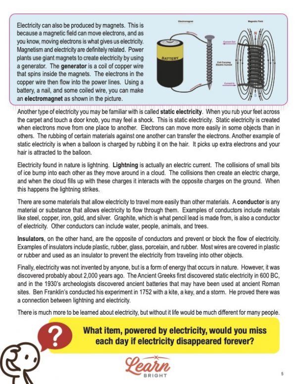 This is a content page for the Electricity lesson plan. There is a graphic of a battery with arrows showing how it works. The orange Learn Bright logo is at the bottom of the page.