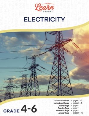 This is the title page for the Electricity lesson plan. The main image shows a picture of electricity towers with clouds in the sky in the background. The orange Learn Bright logo is at the top of the page.