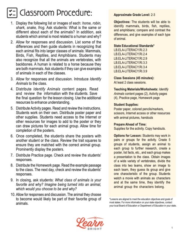 This is the classroom procedure page for the Identify Animals lesson plan. The orange Learn Bright logo is at the bottom of the page.