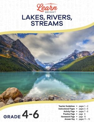 This is the title page for the Lakes, Rivers, Streams lesson plan. The main image is of a beautiful lake between mountains. The orange Learn Bright logo is at the top of the page.