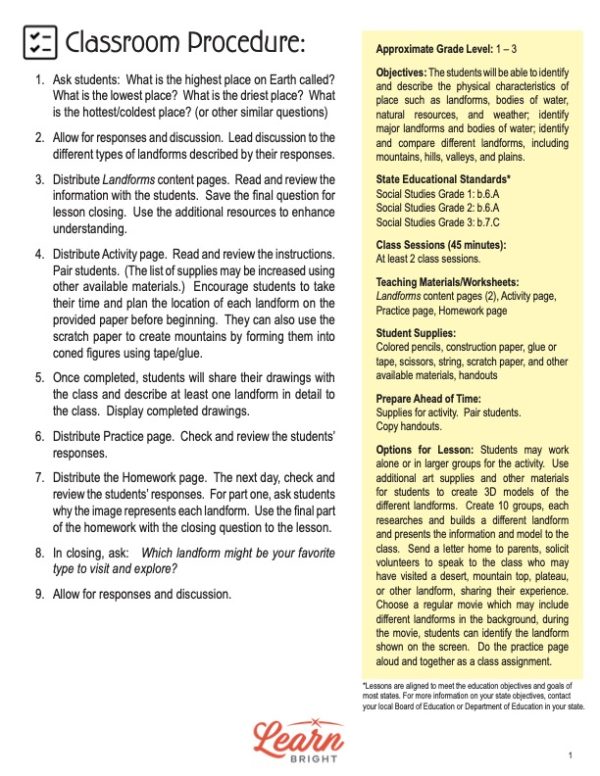 This is the classroom procedure page for the Landforms lesson plan. The orange Learn Bright logo is at the bottom of the page.