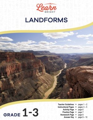 This is the title page for the Landforms lesson plan. The main image shows some a canyon with red cliffs and a muddy river running through it. The orange Learn Bright logo is at the top of the page.