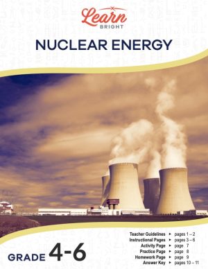 This is the title page for the Nuclear Energy lesson plan. The main image shows smoke stacks at a nuclear power plant. The orange Learn Bright logo is at the top of the page.