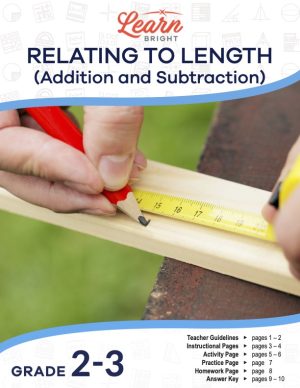 This is the title page for the Relating to Length lesson plan. The main image is of someone using a tape measure to mark a piece of wood. The orange Learn Bright logo is at the top of the page.