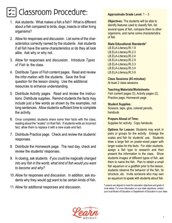 This is the classroom procedure page for the Types of Fish lesson plan. The orange Learn Bright logo is at the bottom of the page.