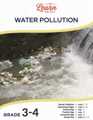 This is the title page for the Water Pollution lesson plan. The main image shows a picture of trash in a river. The orange Learn Bright logo is at the top of the page.
