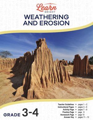 This is the title page for the Weathering and Erosion lesson plan. The main image is of a rock formation. The orange Learn Bright logo is at the top of the page.