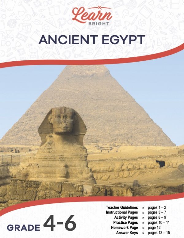 This is the title page for the Ancient Egypt lesson plan. The main image is a photo of the Pyramid of Giza with the Great Sphinx in front. The orange Learn Bright logo is at the top of the page.