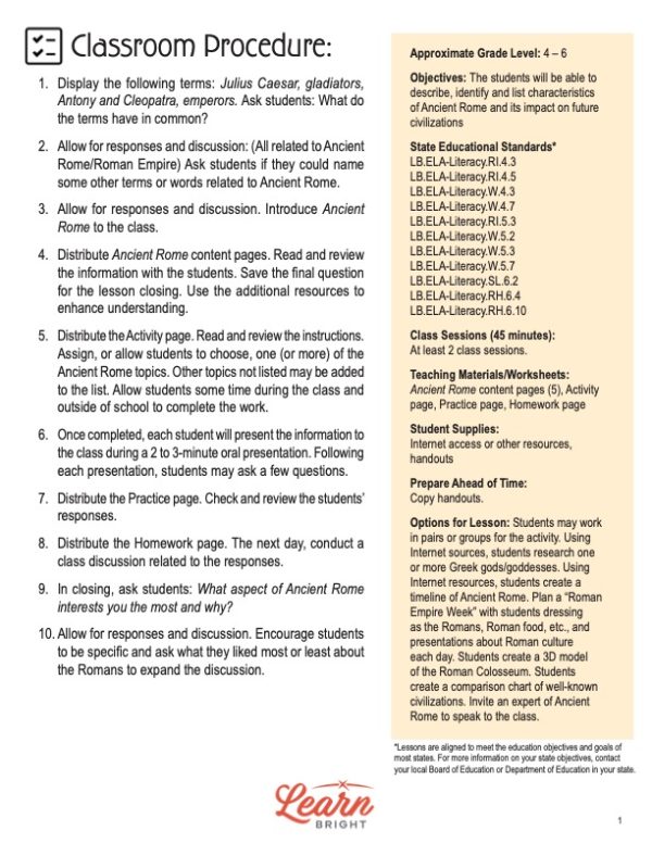 This is the teachers guide for the Ancient Rome lesson plan. The orange Learn Bright logo is at the bottom of the page.