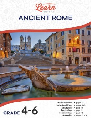 This is the title page for the Ancient Rome lesson plan. The main image is a picture of a fountain with stairs in the background leading to a church in the distance. The orange Learn Bright logo is at the top of the page.