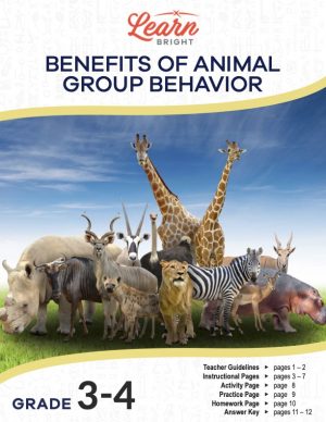 This is the title page for the Benefits of Animal Group Behavior lesson plan. The main image is a picture of a bunch of safari animals, such as a lion, hyena, hippo, rhino, zebra, and ostrich. The orange Learn Bright logo is at the top of the page.
