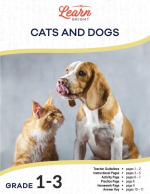 This is the title page for the Cats and Dogs lesson plan. The main image is a picture of a cat and a dog. The orange Learn Bright logo is at the top of the page.