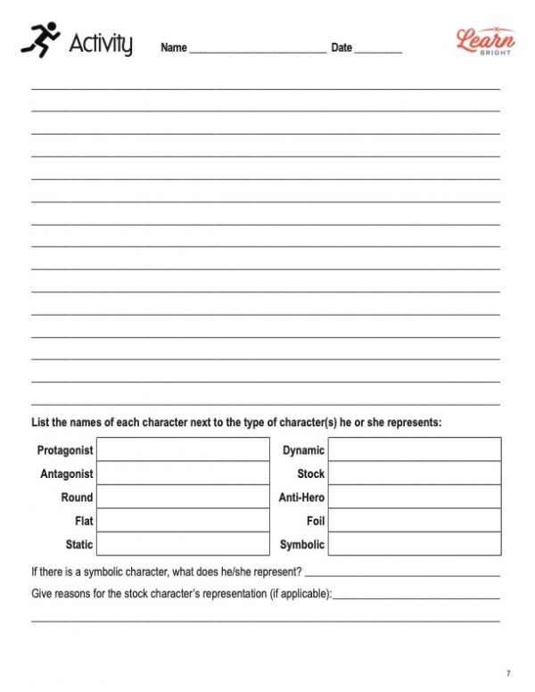 This is an activity worksheet for the Character Types lesson plan. The orange Learn Bright logo is in the top-right corner of the page.