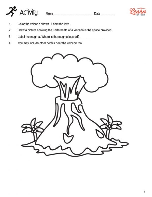This is an activity worksheet for the Earthquakes and Volcanoes lesson plan. There is a coloring page image of a volcano. The orange Learn Bright logo is in the top-right corner of the page.