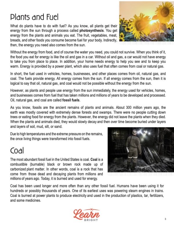 This is a content page for the Fossil Fuels lesson plan. The orange Learn Bright logo is at the bottom of the page.