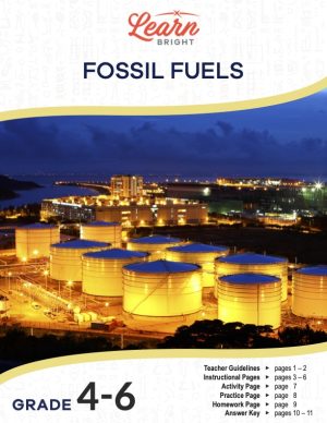 This is the title page for the Fossil Fuels lesson plan. The main image is of a factory at night. The orange Learn Bright logo is at the top of the page.