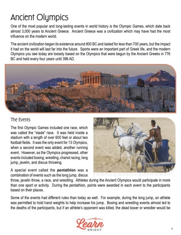 This is a content page for the Olympic History lesson plan. There is a picture of Greece and a picture of a person in a horse-drawn chariot. The orange Learn Bright logo is at the bottom of the page.