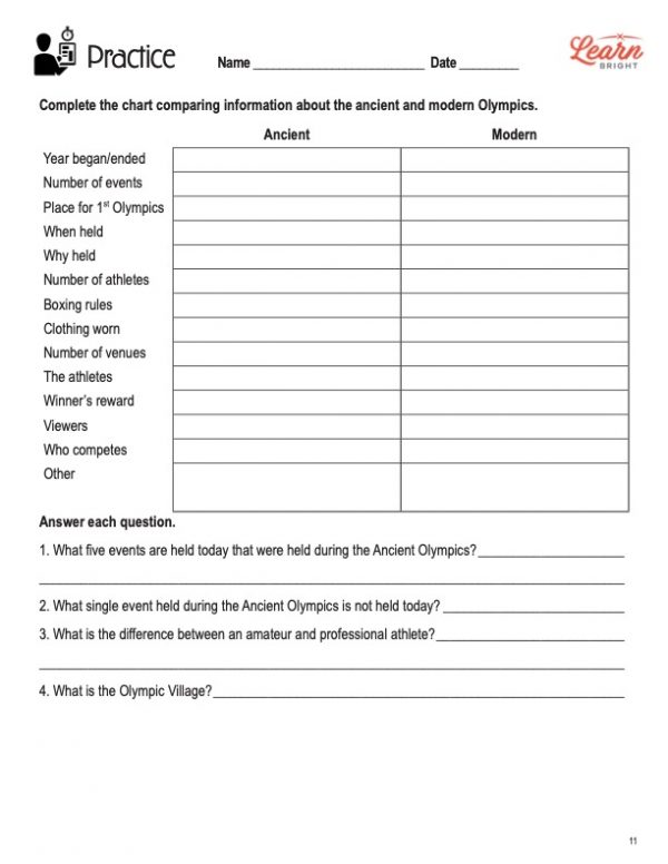 This is the practice worksheet for the Olympic History lesson plan. The orange Learn Bright logo is in the top-right corner of the page.