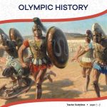 This is the title page for the Olympic History lesson plan. The main image is a painting depicting ancient Greeks running in a race for the Olympics. The orange Learn Bright logo is at the top of the page.