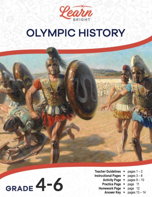 This is the title page for the Olympic History lesson plan. The main image is a painting depicting ancient Greeks running in a race for the Olympics. The orange Learn Bright logo is at the top of the page.
