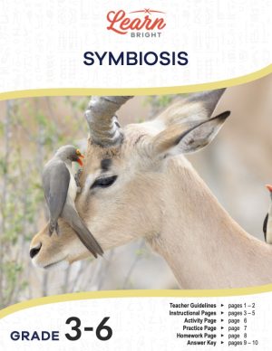 This is the title page for the Symbiosis lesson plan. The main image is of a bird resting on a gazelle's head. The orange Learn Bright logo is at the top of the page.