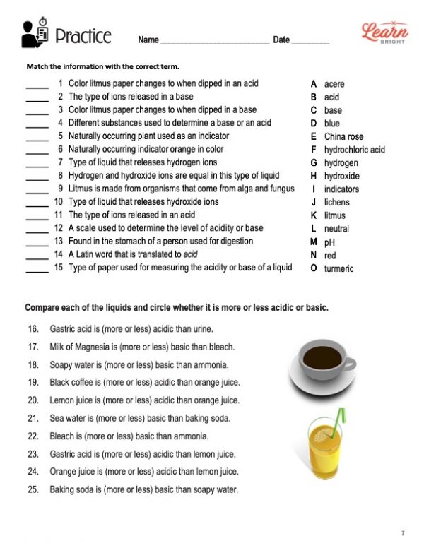 This is the practice worksheet for the Acids and Bases lesson plan. There is a graphic of a cup of coffee and one of a glass of lemonade. The orange Learn Bright logo is in the top-right corner of the page.