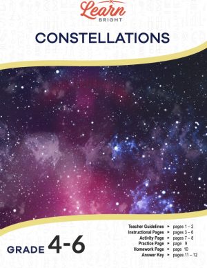 This is the title page for the Constellations lesson plan. The main image is of pink and blue galaxies in the universe. The orange Learn Bright logo is at the top of the page.