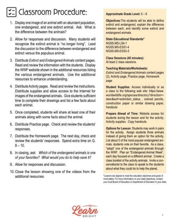 This is the teachers guide for the Extinct and Endangered Animals lesson plan. The orange Learn Bright logo is at the bottom of the page.