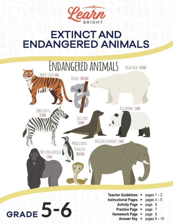 This is the title page for the Extinct and Endangered Animals lesson plan. The main image shows several animals on the endangered species list, including polar bears, cobras, and koalas. The orange Learn Bright logo is at the top of the page.
