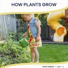 This is the title page for the How Plants Grow lesson plan. The main image is of a girl watering plants in her backyard with a watering can. The orange Learn Bright logo is at the top of the page.