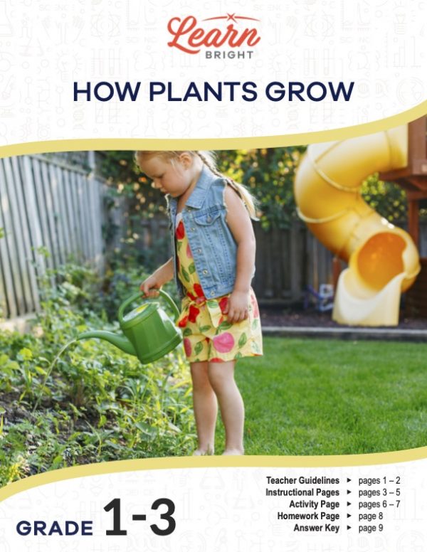 This is the title page for the How Plants Grow lesson plan. The main image is of a girl watering plants in her backyard with a watering can. The orange Learn Bright logo is at the top of the page.