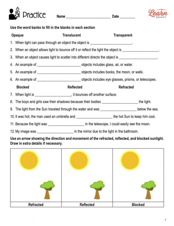 This is the practice worksheet for the Light lesson plan. There are three of the same picture showing a sun and a tree. The orange Learn Bright logo is in the top-right corner of the page.