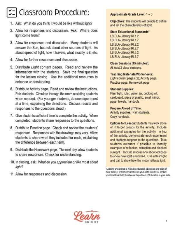 This is the teachers guide for the Light lesson plan. The orange Learn Bright logo is at the bottom of the page.