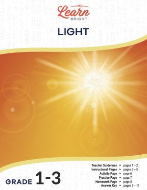 This is the title page for the Light lesson plan. The main image is a picture of the sun with an orange background. The orange Learn Bright logo is at the top of the page.